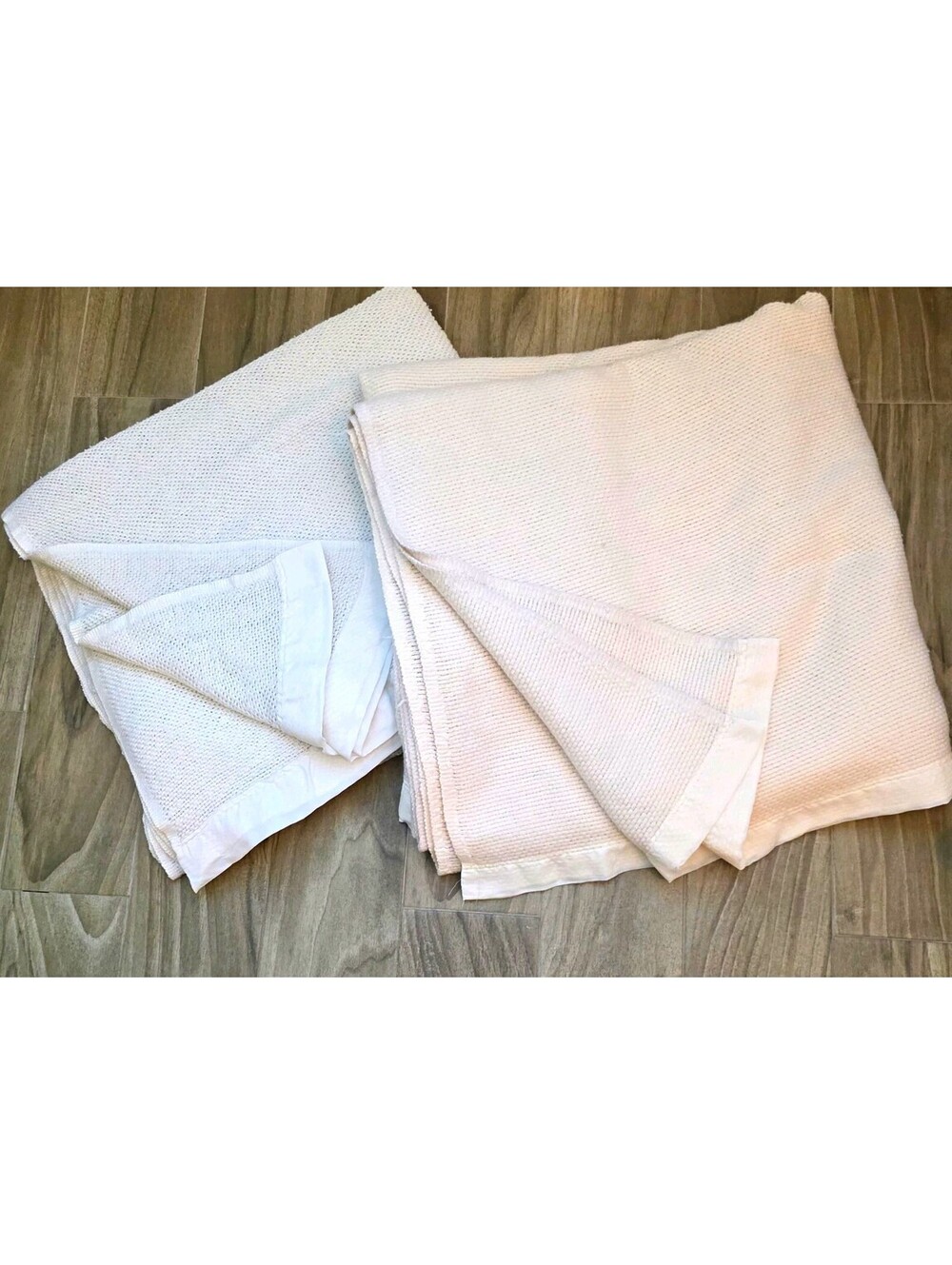 Pair Waffle Weave Blankets Full Queen Satin Trim Cream White Faribo Benton VTG